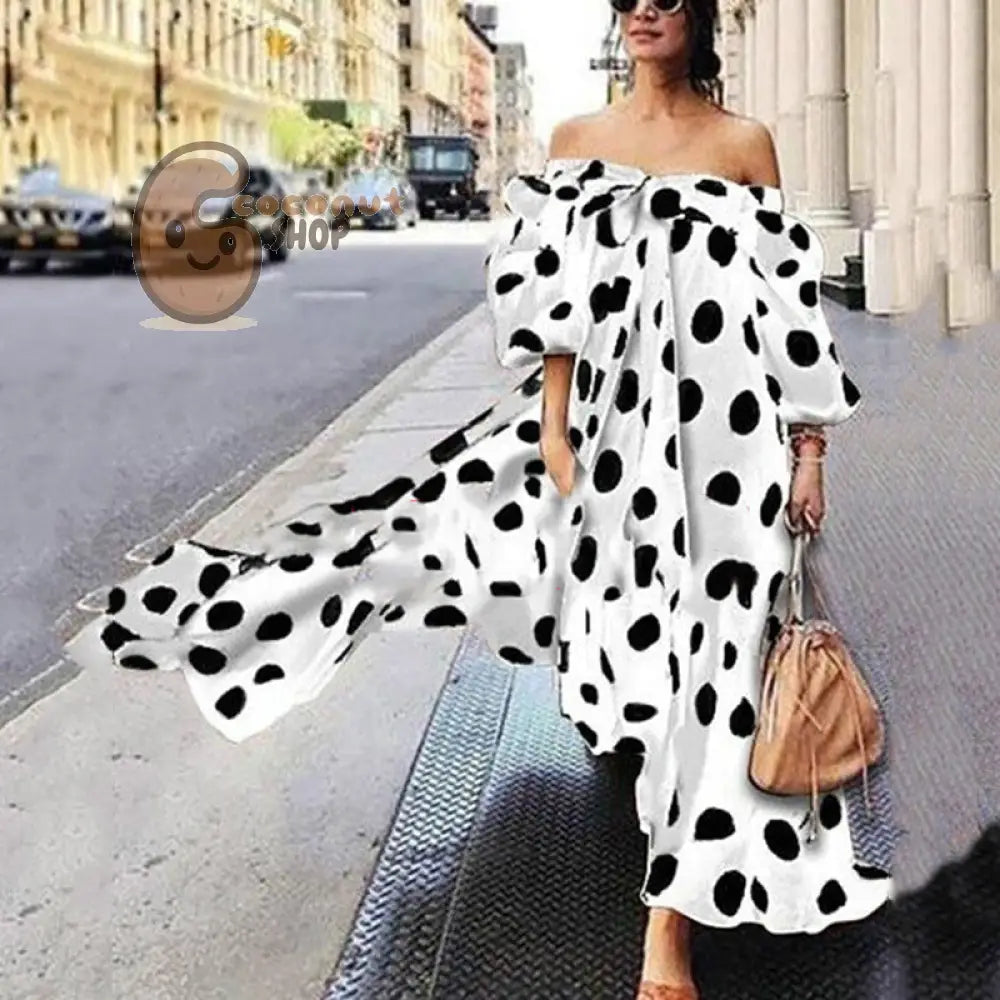 Boho Off Shoulder Polka Dot Casual Maxi Dress - white / S
