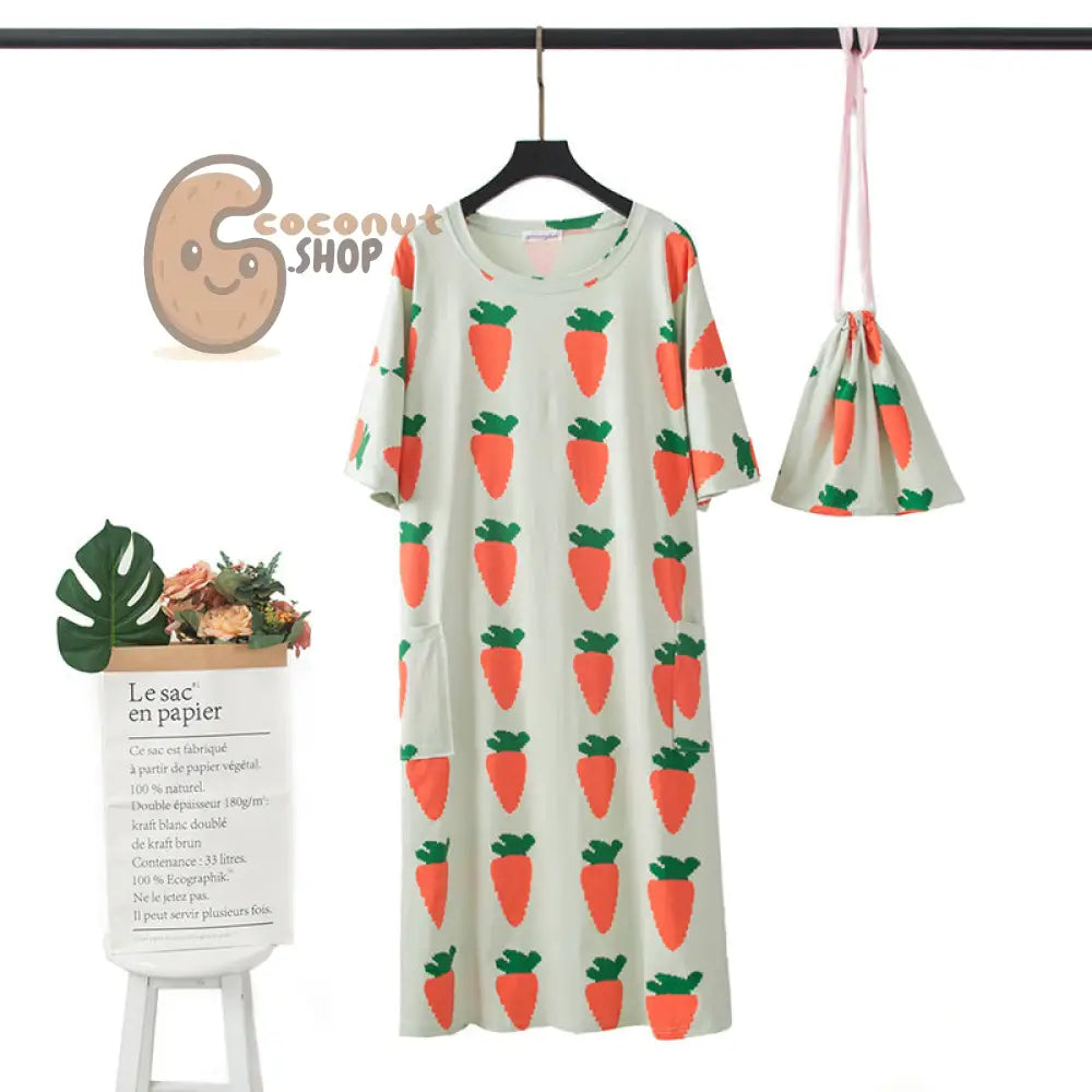Carrot or Pig Watermelon Nightdress Pajama with cute bag - Carrot Green