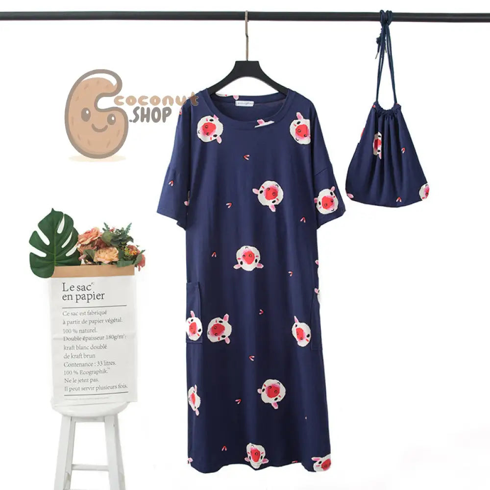 Carrot or Pig Watermelon Nightdress Pajama with cute bag - Navy Blue Pig