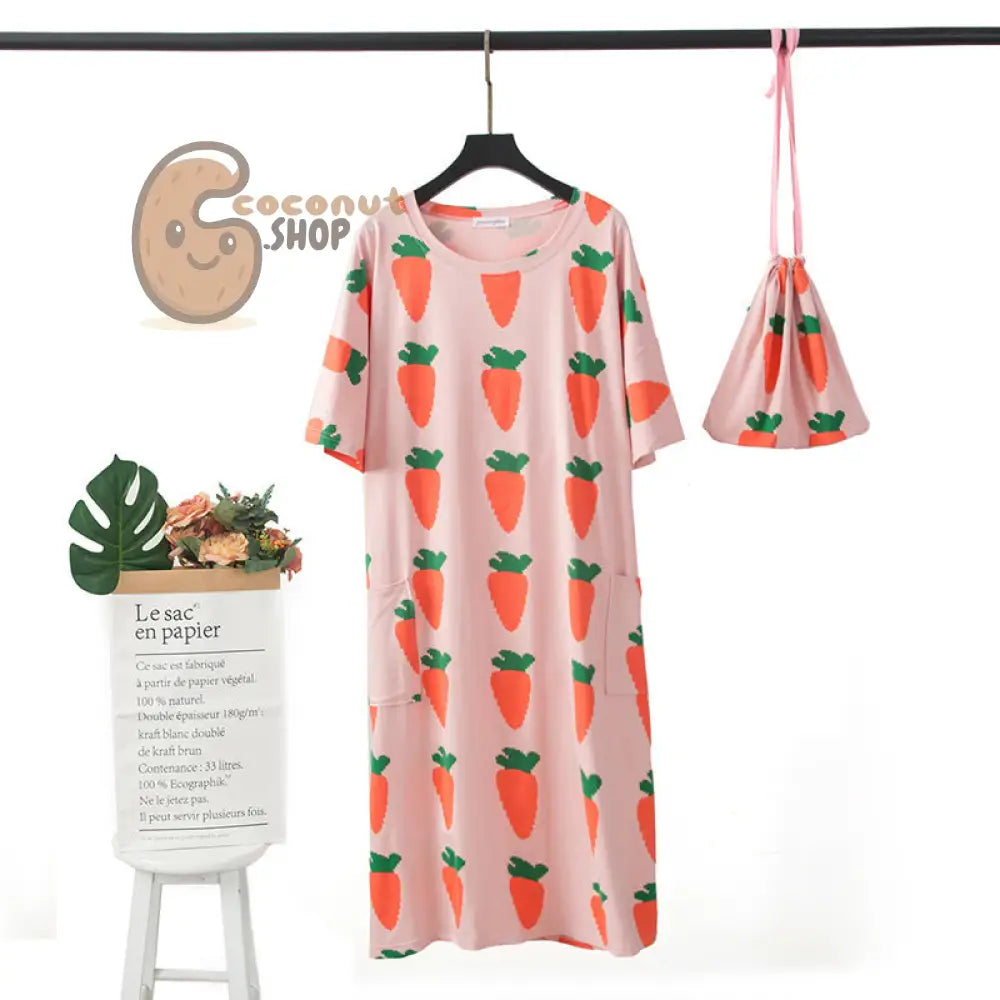 Carrot or Pig Watermelon Nightdress Pajama with cute bag - Carrot Pink