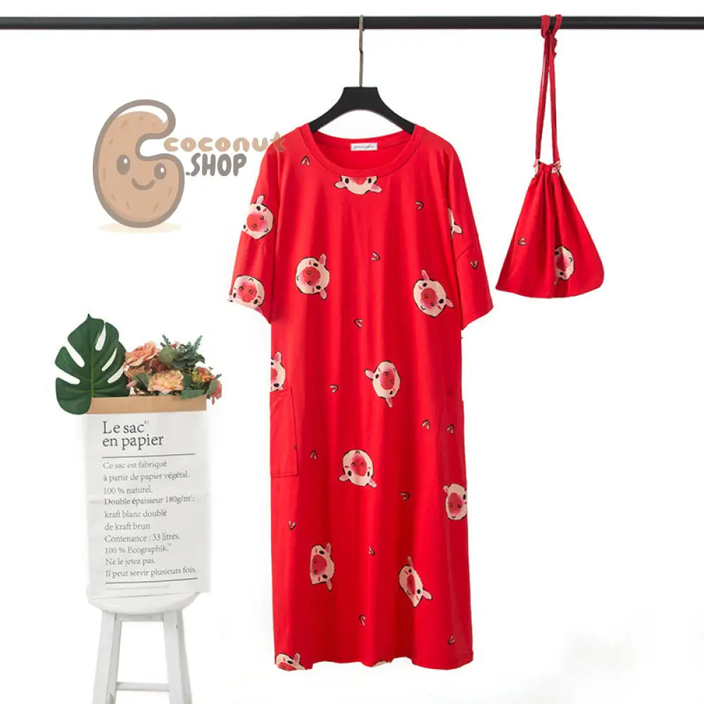 Carrot or Pig Watermelon Nightdress Pajama with cute bag - Red Pig