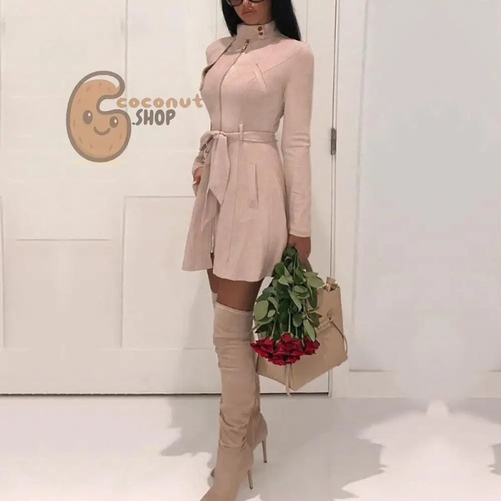 Casual Sash Suede Trench Coat Casual Leather Pocket Long Overcoat