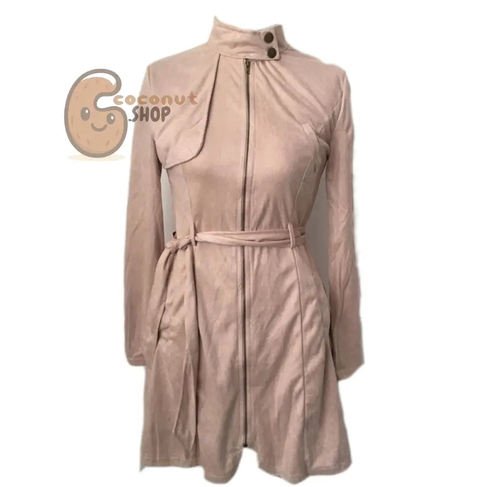 Casual Sash Suede Trench Coat Casual Leather Pocket Long Overcoat