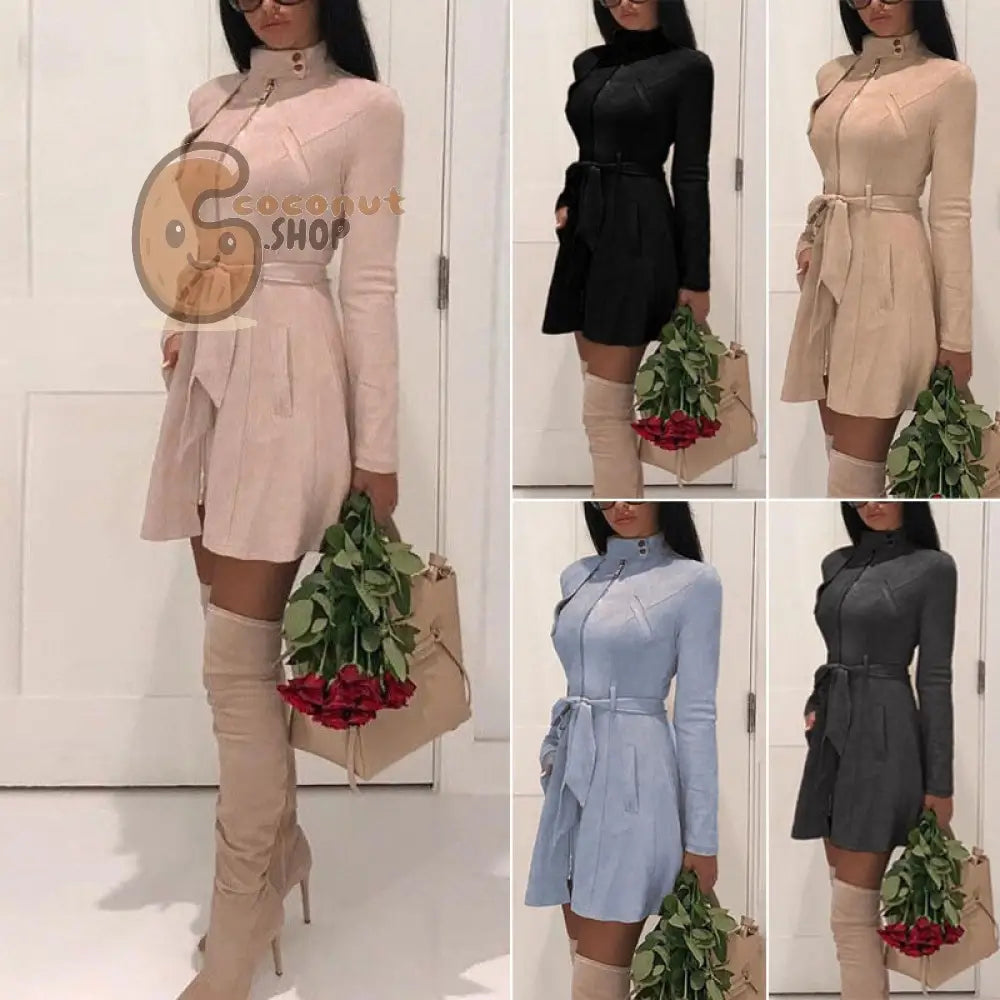 Casual Sash Suede Trench Coat Casual Leather Pocket Long Overcoat