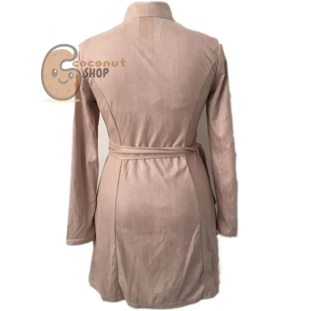 Casual Sash Suede Trench Coat Casual Leather Pocket Long Overcoat