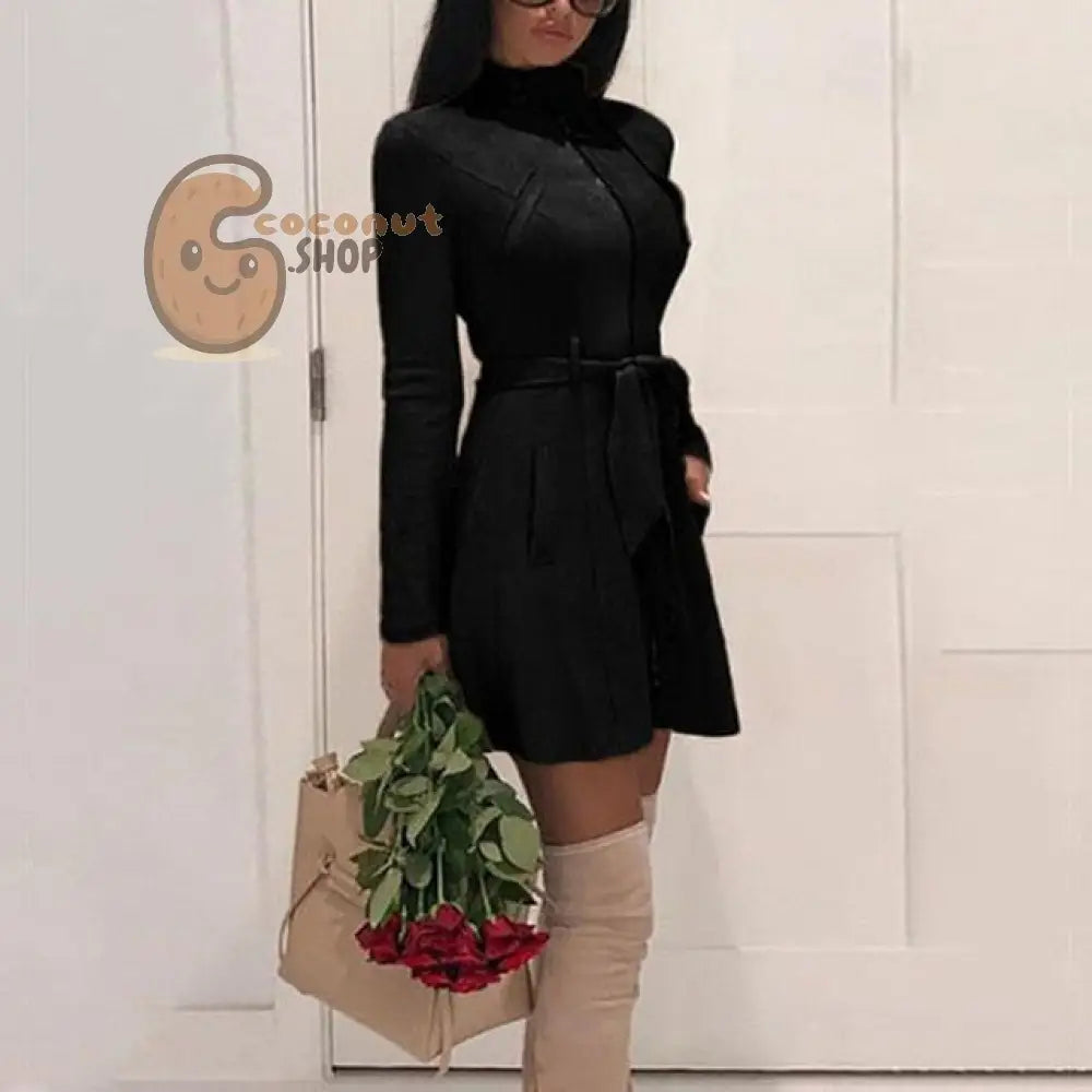 Casual Sash Suede Trench Coat Casual Leather Pocket Long Overcoat - Black / S