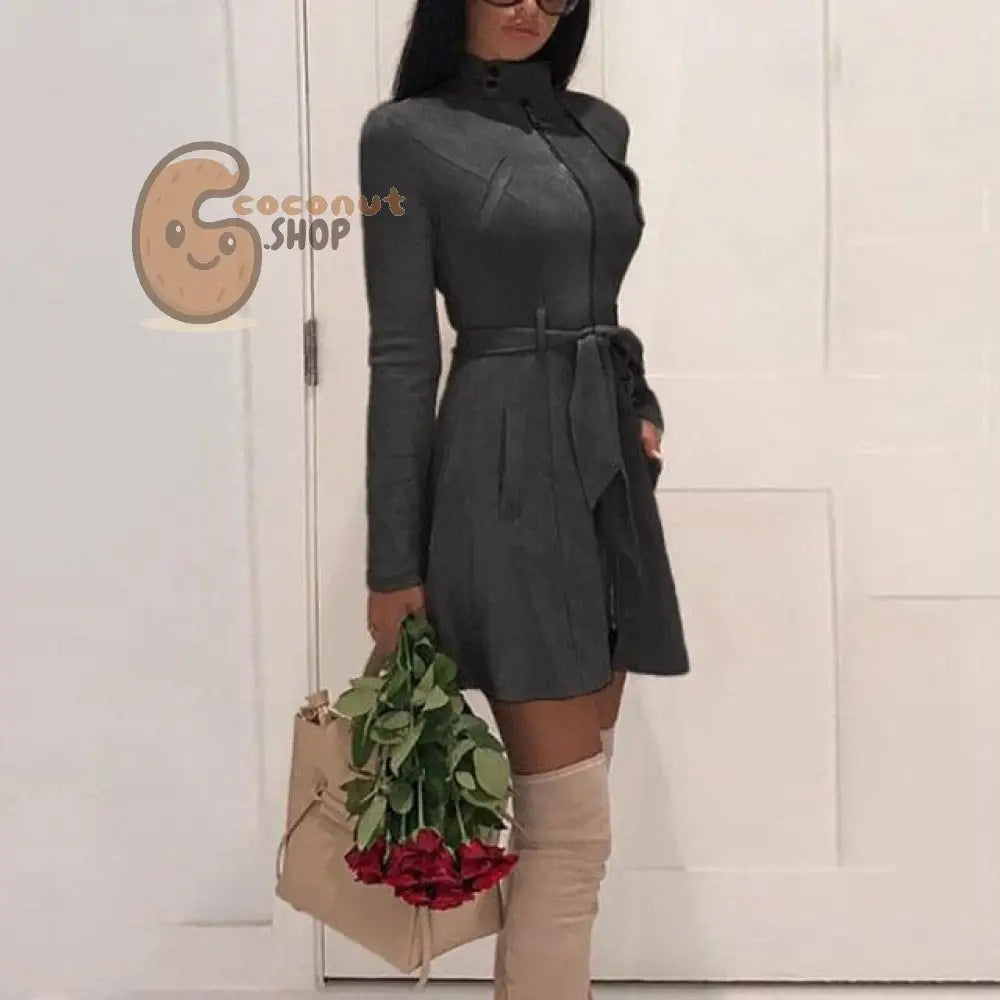 Casual Sash Suede Trench Coat Casual Leather Pocket Long Overcoat - Gray / S