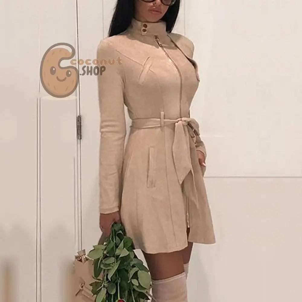 Casual Sash Suede Trench Coat Casual Leather Pocket Long Overcoat - Khaki / S