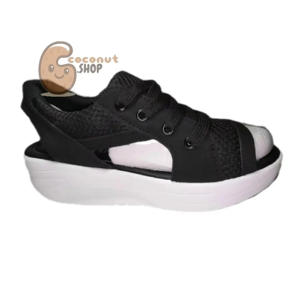 Chic Contrast Paneled Lace-Up Muffin Sandals - black / 36#