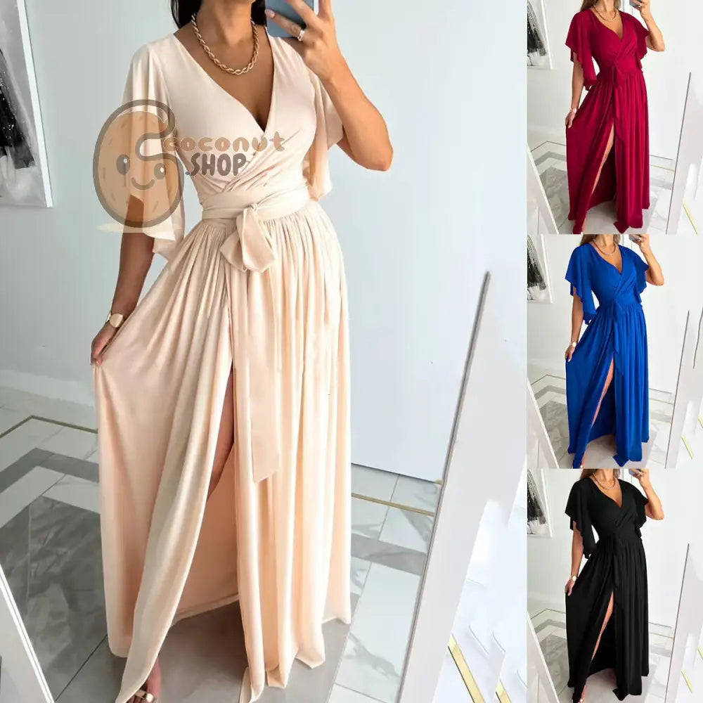 Chic Enchantment: Flared Sleeves V-Neck Long Dress - Effortless Elegance Redefined