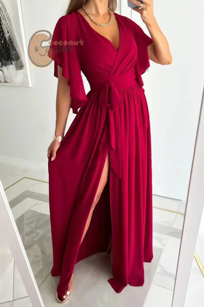 Chic Enchantment: Flared Sleeves V-Neck Long Dress - Effortless Elegance Redefined - Red / S