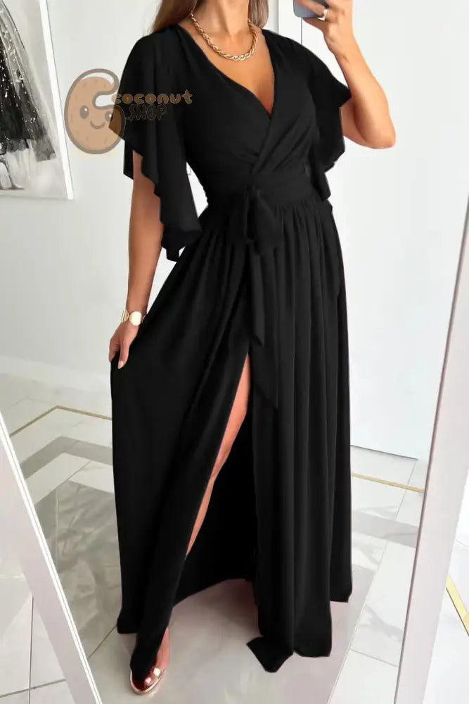 Chic Enchantment: Flared Sleeves V-Neck Long Dress - Effortless Elegance Redefined - Black / S