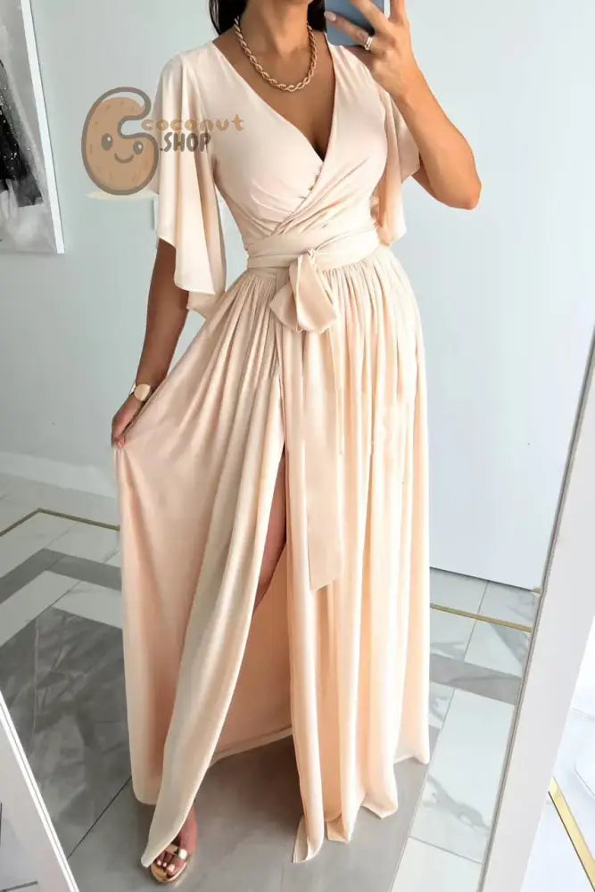 Chic Enchantment: Flared Sleeves V-Neck Long Dress - Effortless Elegance Redefined - Pink / S