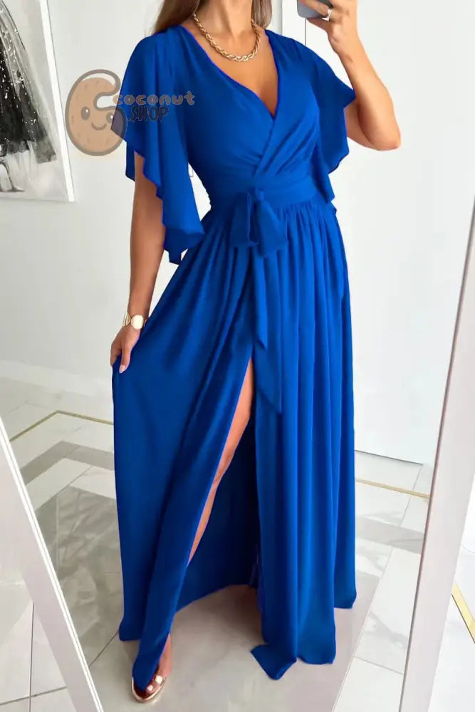 Chic Enchantment: Flared Sleeves V-Neck Long Dress - Effortless Elegance Redefined - Blue / S