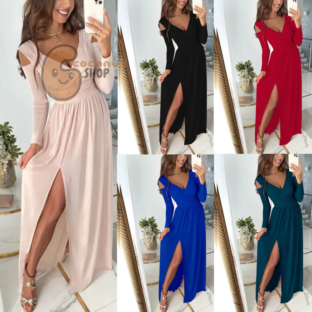 Chic Sophistication: V-Neck Long-Sleeved Off-The-Shoulder Dress with Sexy Slit Detail