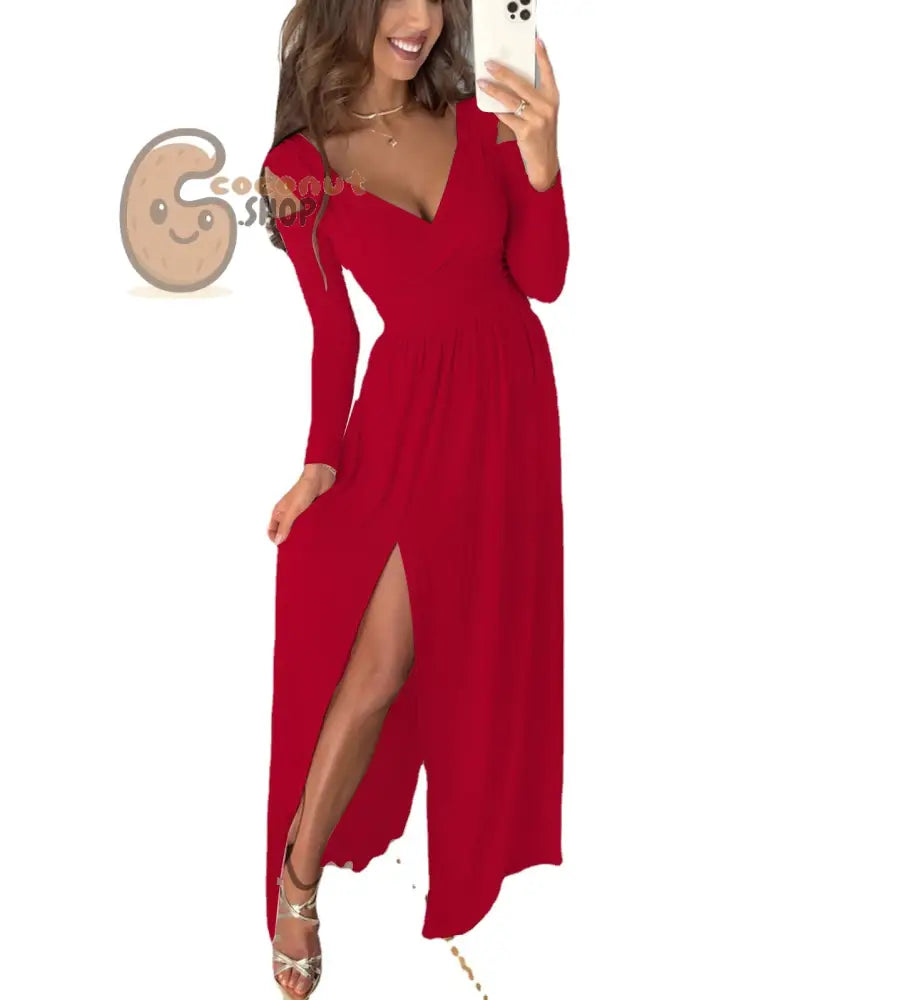 Chic Sophistication: V-Neck Long-Sleeved Off-The-Shoulder Dress with Sexy Slit Detail - Red / S