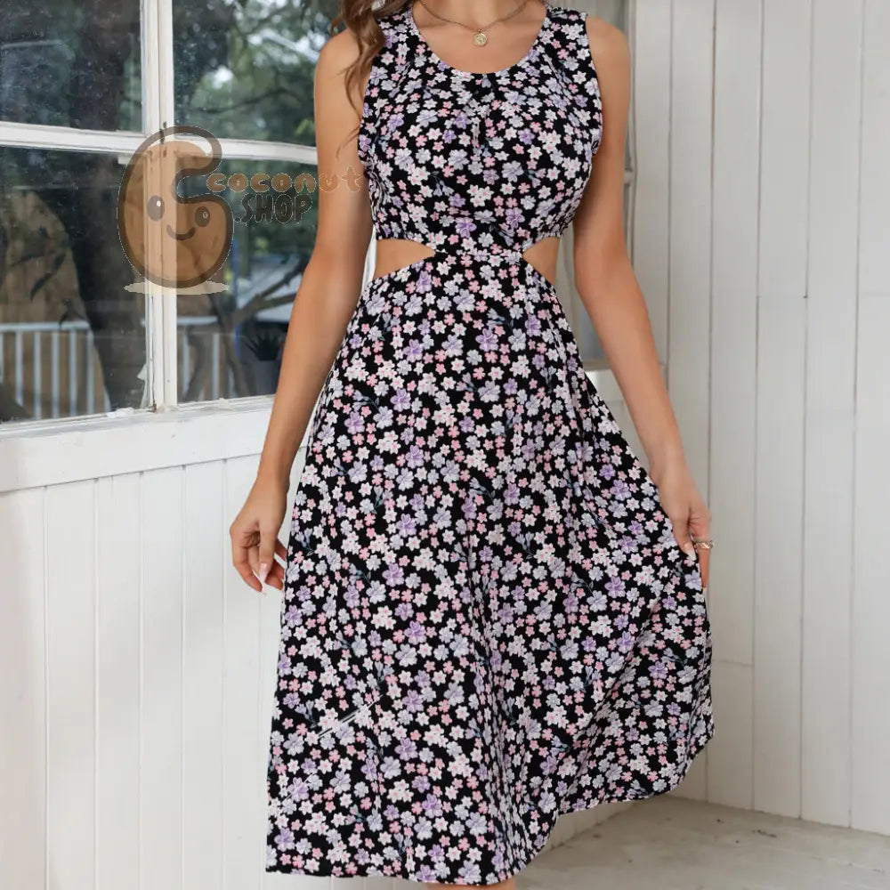 Chiffon Floral Dress: Summer Vibes Sexy Cutouts! - Black / S