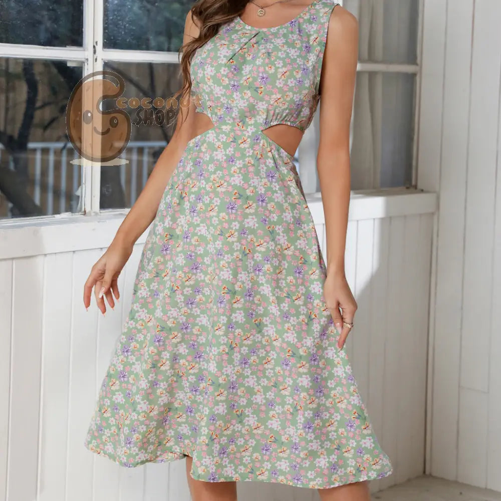 Chiffon Floral Dress: Summer Vibes Sexy Cutouts! - Green / S