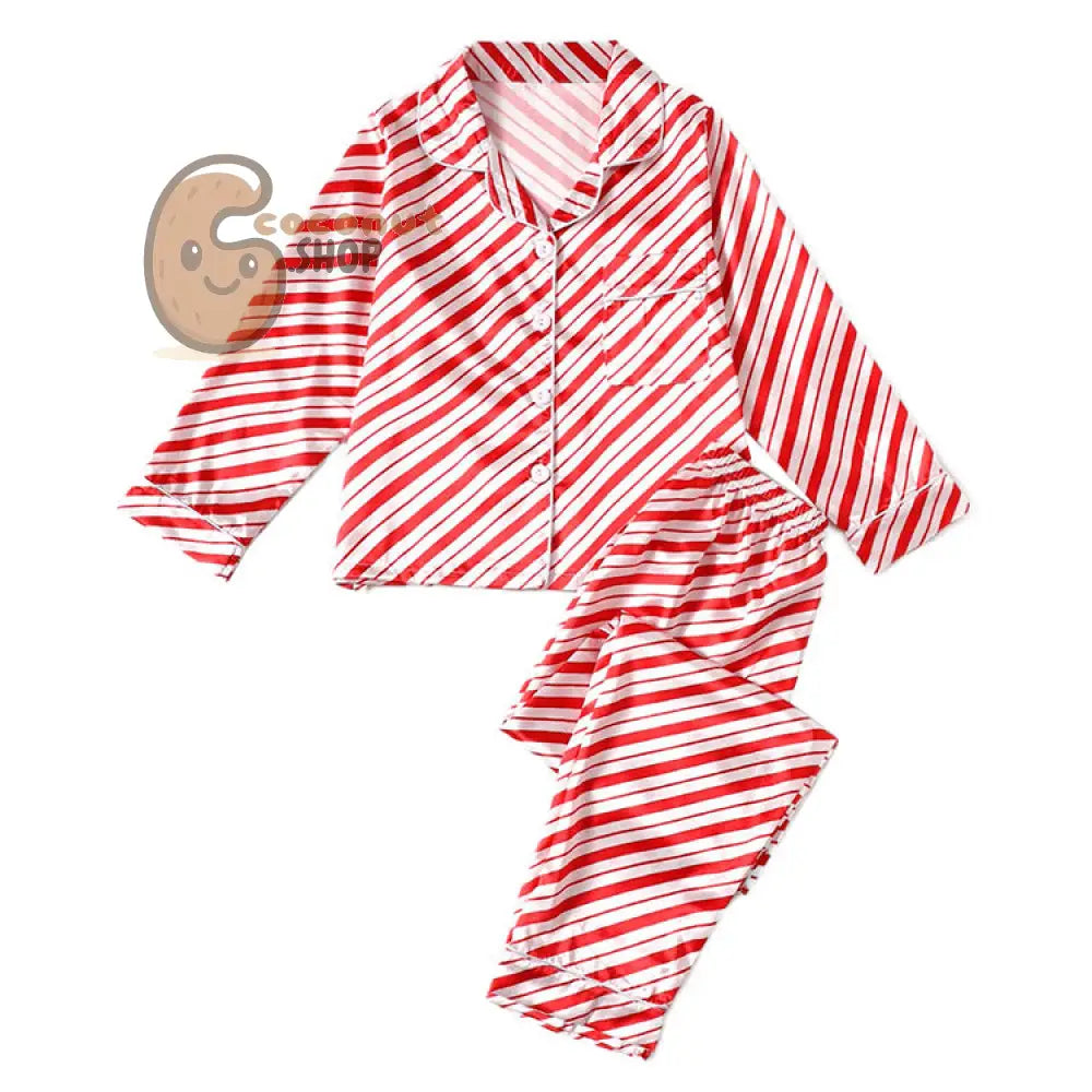 Christmas Coziness: Matching Solid Color Stripes Satin Simulation Silk Pajama Set for Parent-Child Wear