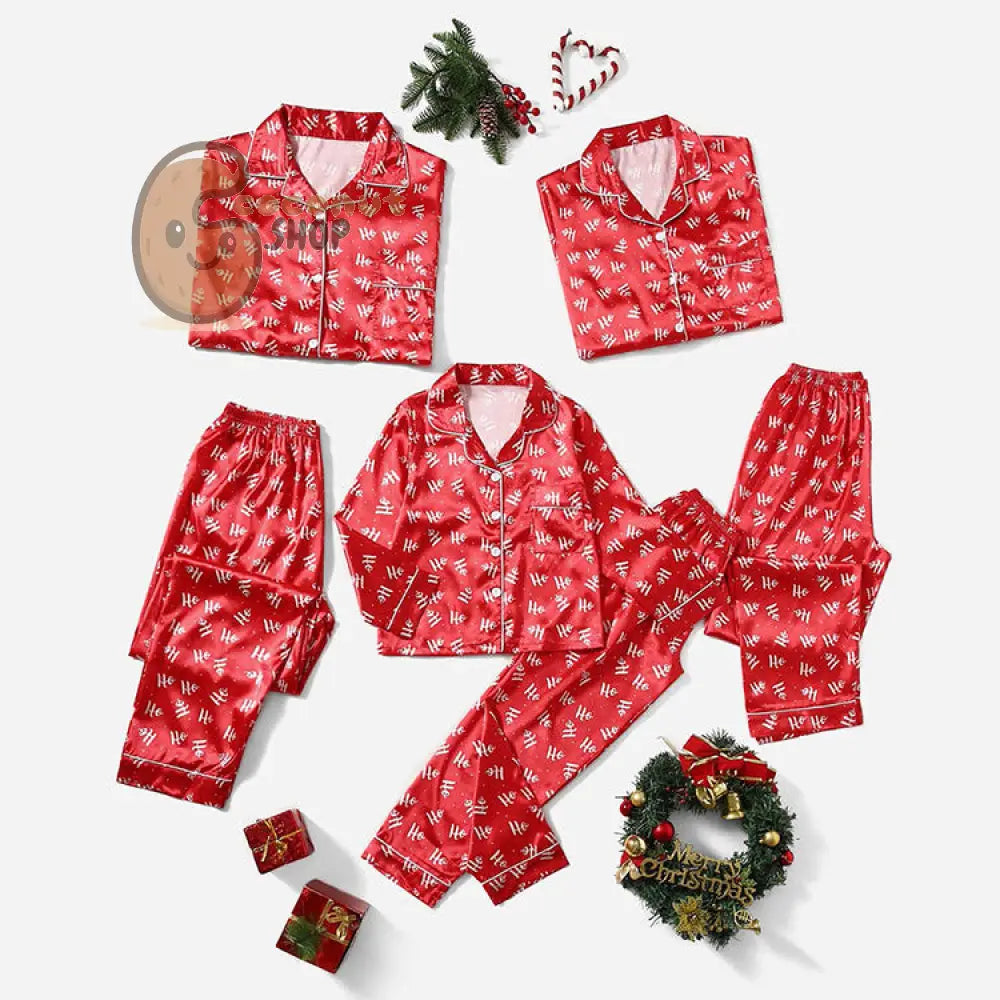 Christmas Coziness: Matching Solid Color Stripes Satin Simulation Silk Pajama Set for Parent-Child Wear