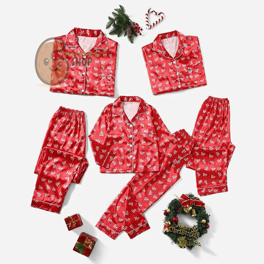 Christmas Coziness: Matching Solid Color Stripes Satin Simulation Silk Pajama Set for Parent-Child Wear