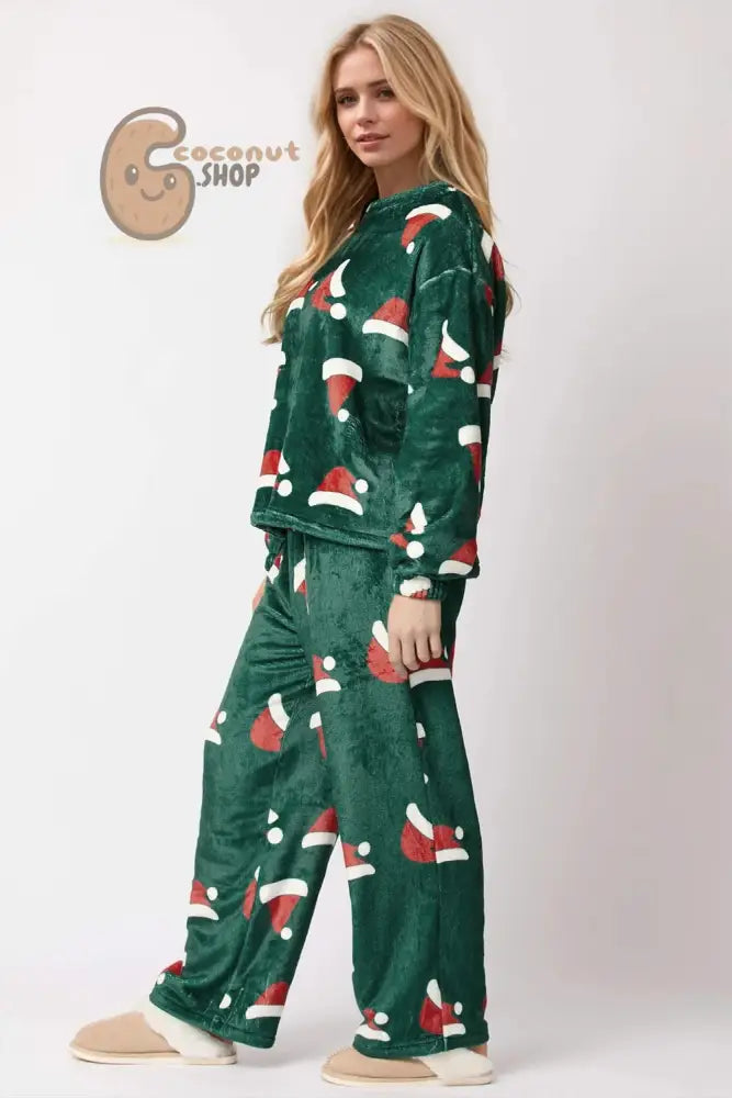 Christmas Hat Pattern Round Neck Long Sleeve Top and Pants Set