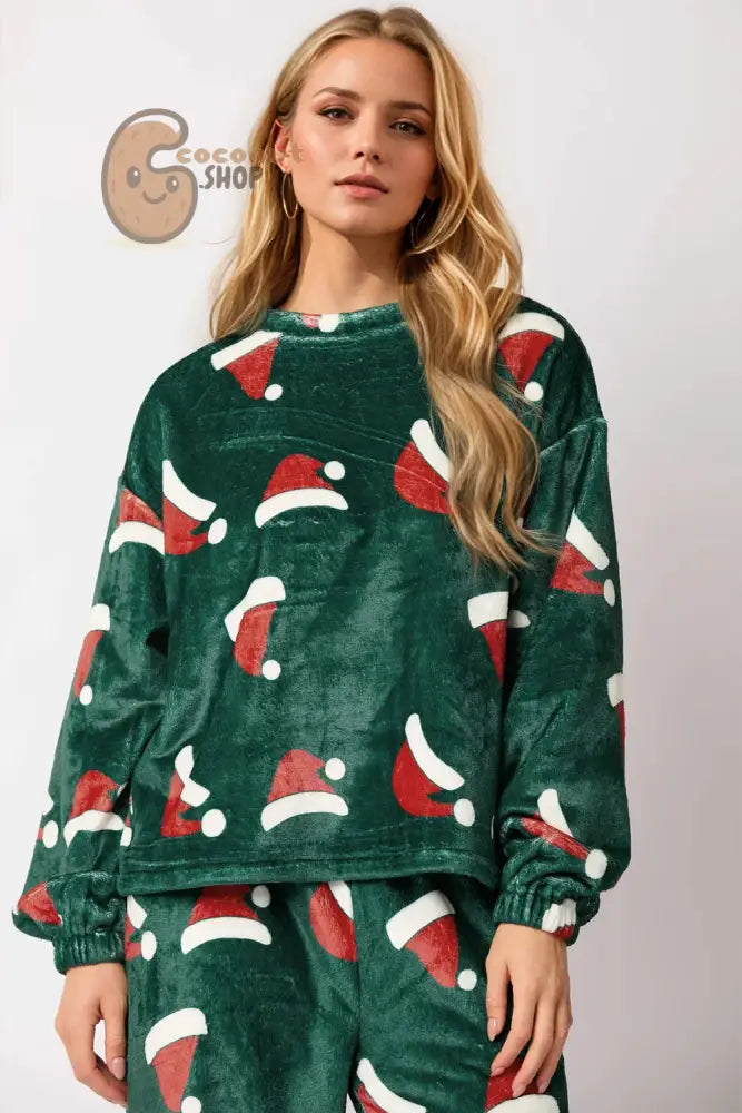 Christmas Hat Pattern Round Neck Long Sleeve Top and Pants Set