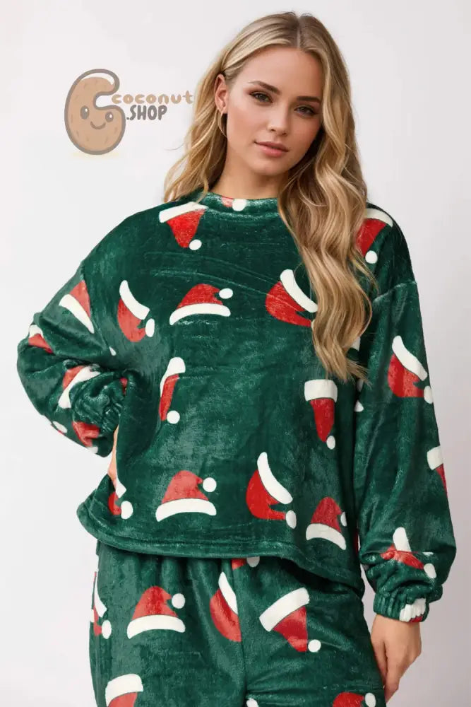 Christmas Hat Pattern Round Neck Long Sleeve Top and Pants Set
