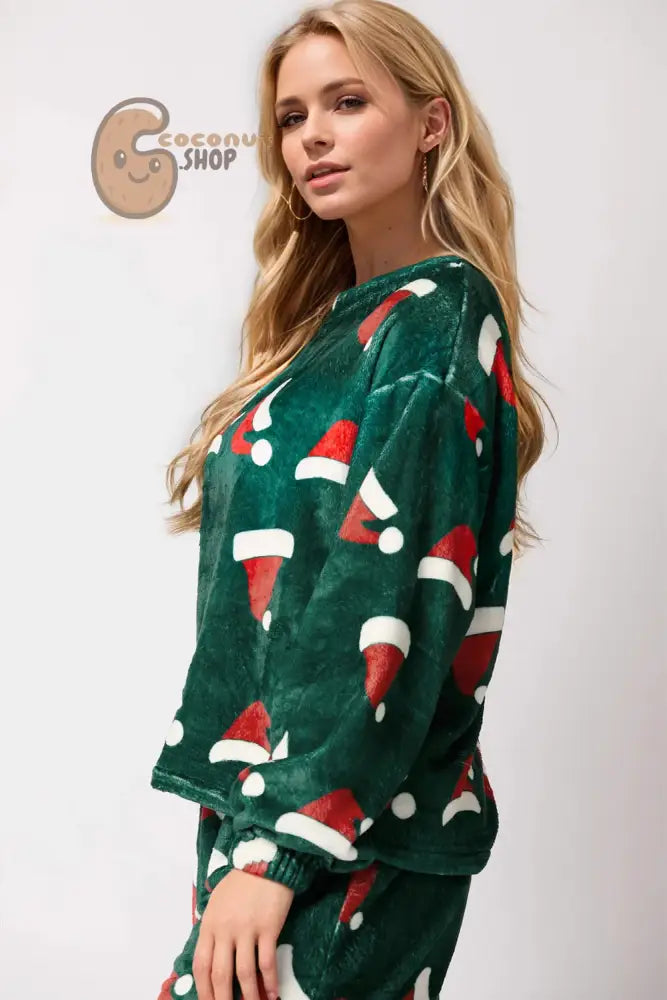 Christmas Hat Pattern Round Neck Long Sleeve Top and Pants Set