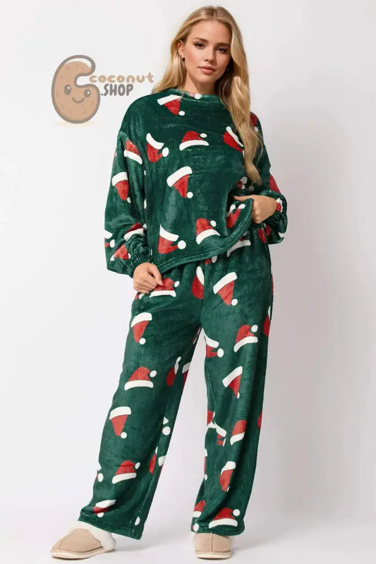 Christmas Hat Pattern Round Neck Long Sleeve Top and Pants Set