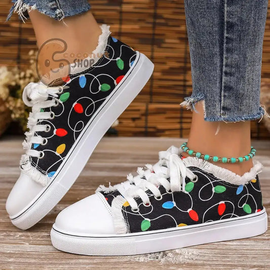 Christmas Lights Raw Hem Printed Sneakers