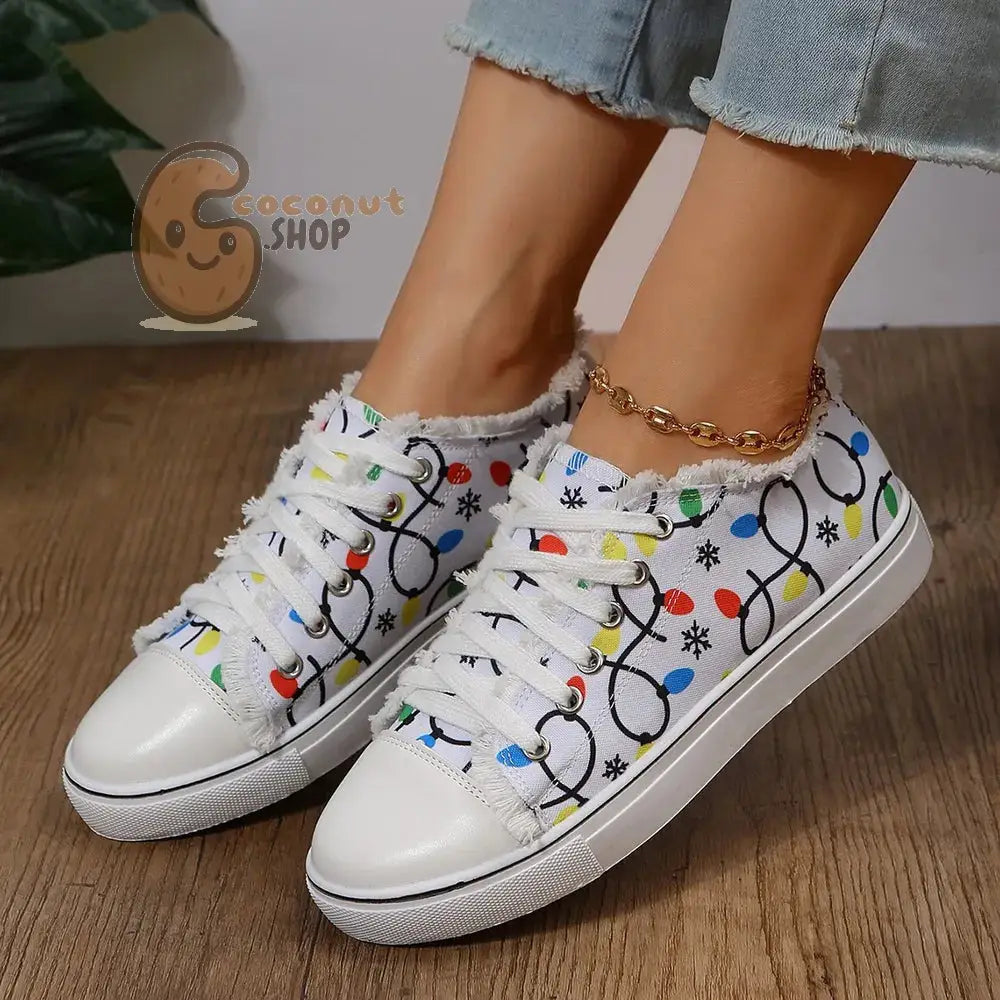 Christmas Lights Raw Hem Printed Sneakers