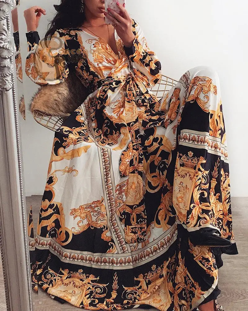 Classic Evening Dress V-Neck Pullover Retro Long Sleeve