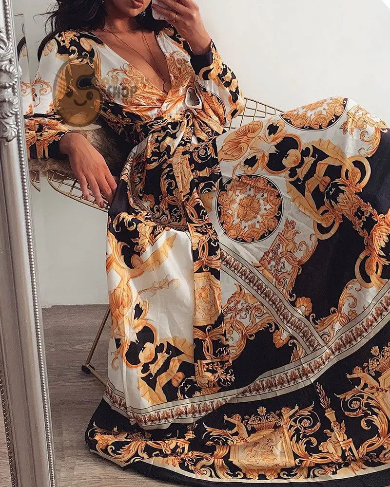 Classic Evening Dress V-Neck Pullover Retro Long Sleeve