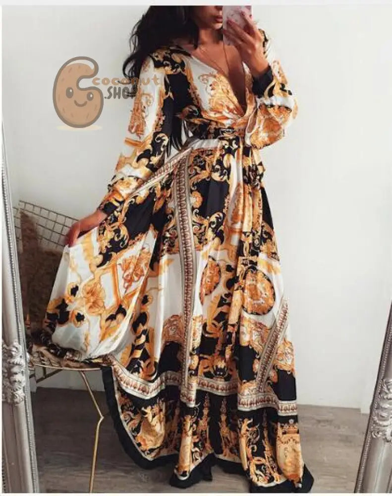 Classic Evening Dress V-Neck Pullover Retro Long Sleeve - S