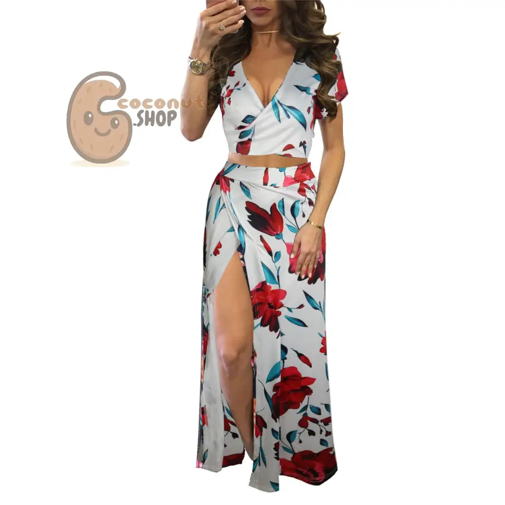 Classic Floral Hot Sale Dress Two Piece Set - 1 # Red Flower With White Background / S