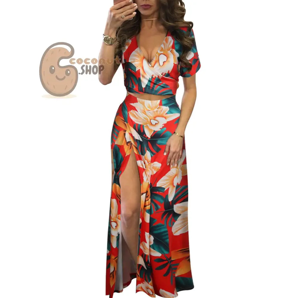 Classic Floral Hot Sale Dress Two Piece Set - 1 # Yellow Flower With Red Background / S