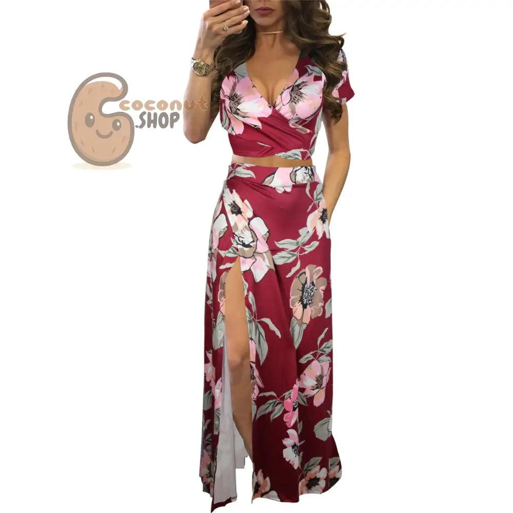 Classic Floral Hot Sale Dress Two Piece Set - 2 # Maroon / S