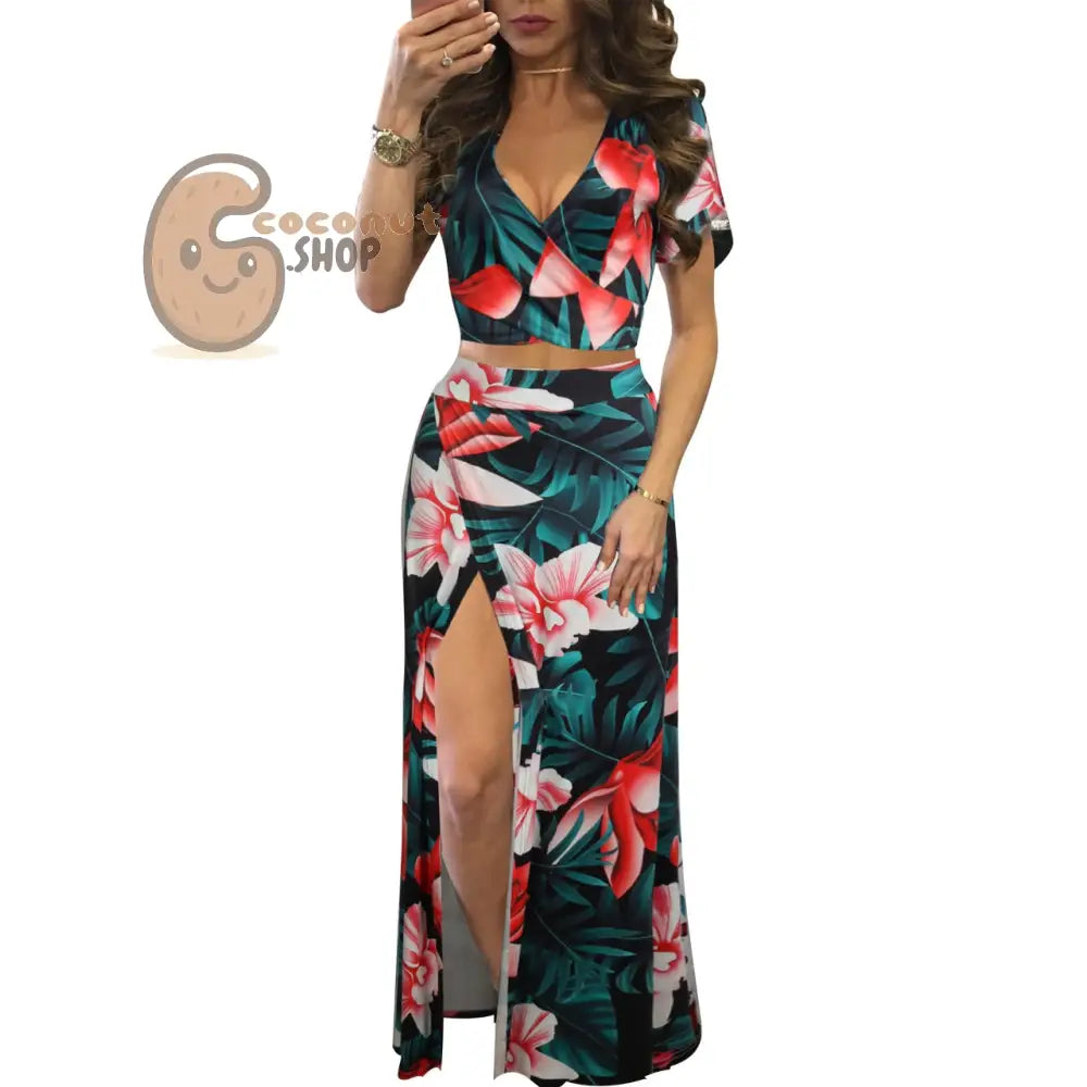Classic Floral Hot Sale Dress Two Piece Set - 2 # Safflower With Green Background / S