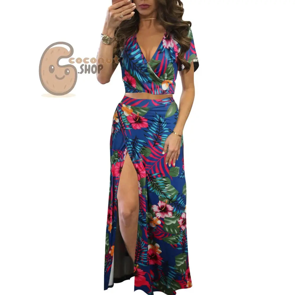 Classic Floral Hot Sale Dress Two Piece Set - 3 # Blue Background / S