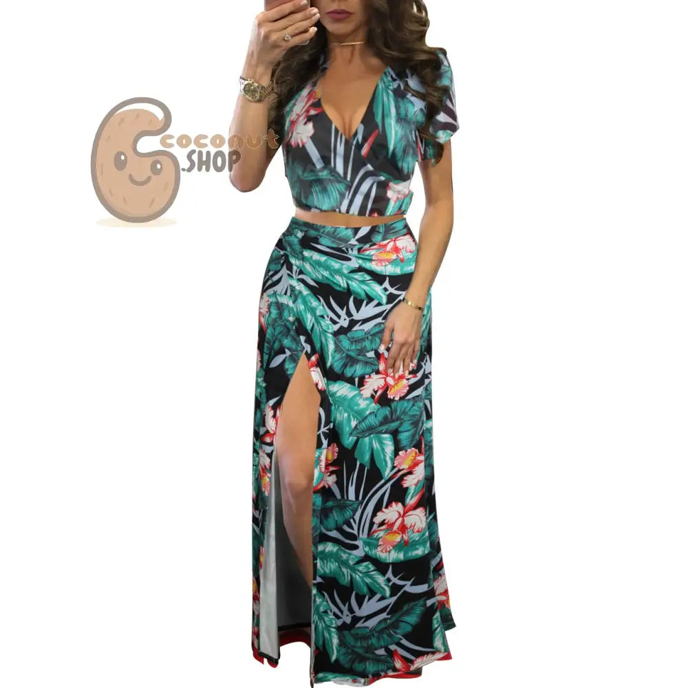 Classic Floral Hot Sale Dress Two Piece Set - 4 # Green Maple Leaf / S