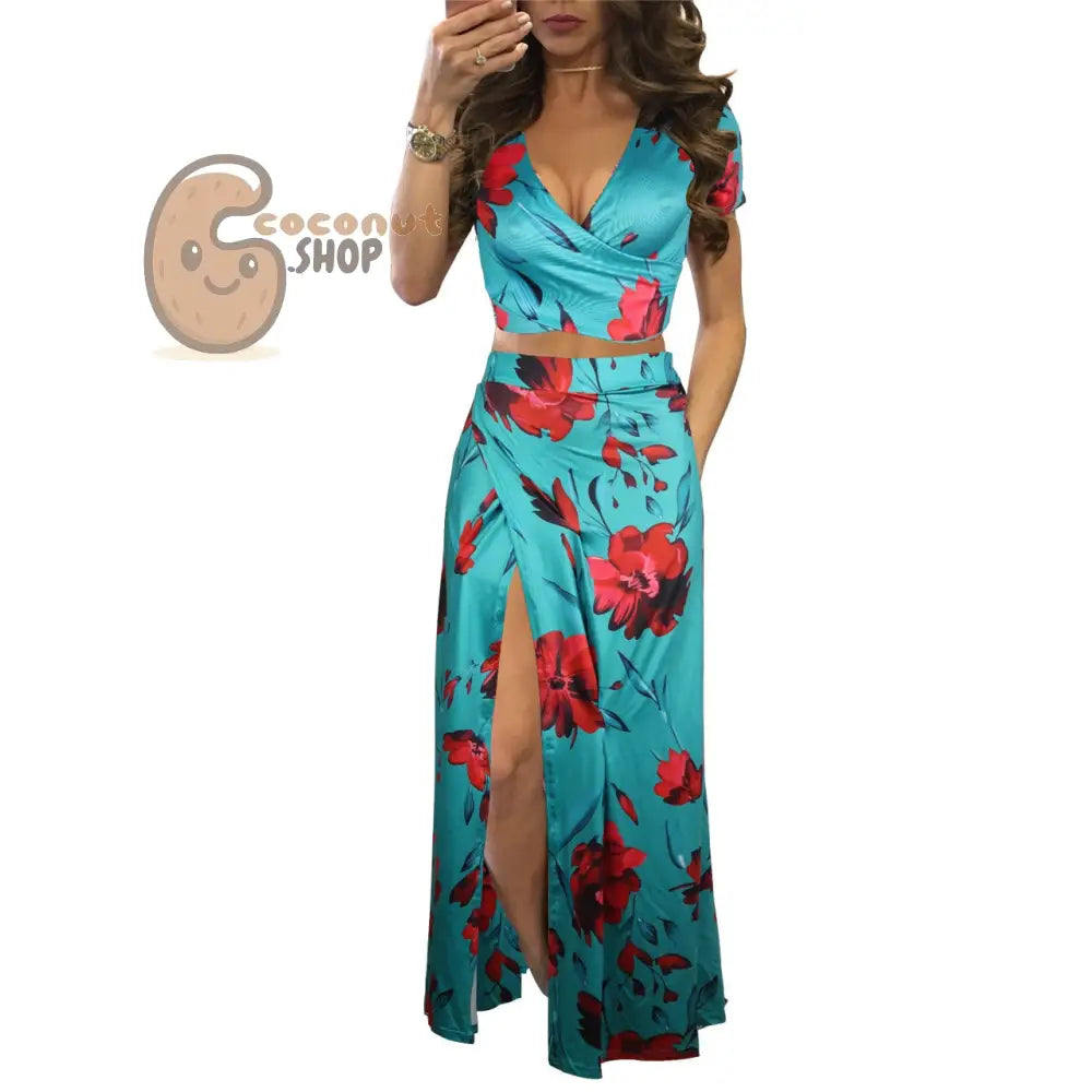 Classic Floral Hot Sale Dress Two Piece Set - 4 # Safflower With Green Background / S