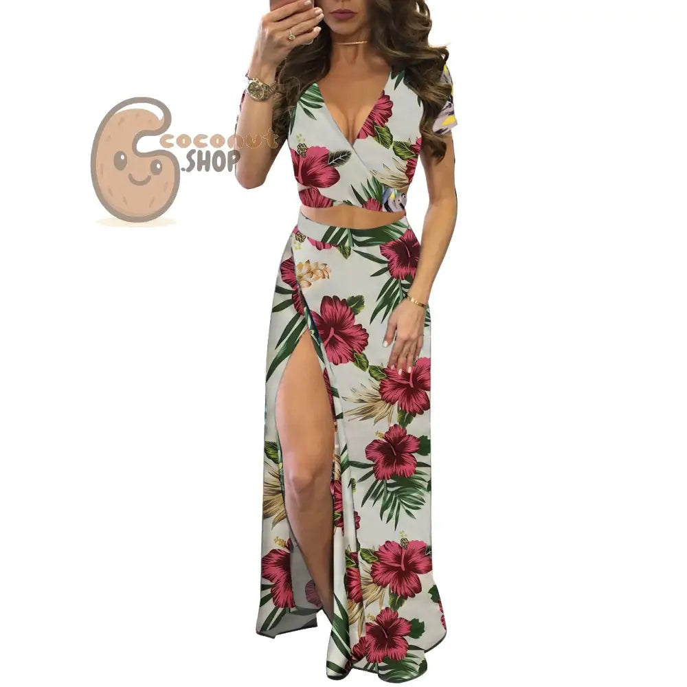 Classic Floral Hot Sale Dress Two Piece Set - T482-5 Pink Flower On White Background / S