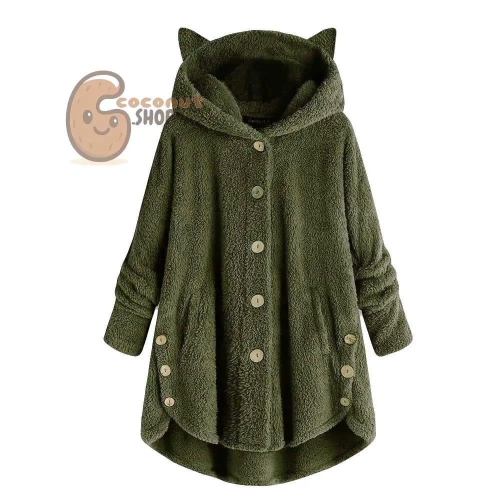 Cute Cat Ear Plush Coat - Army Green / M