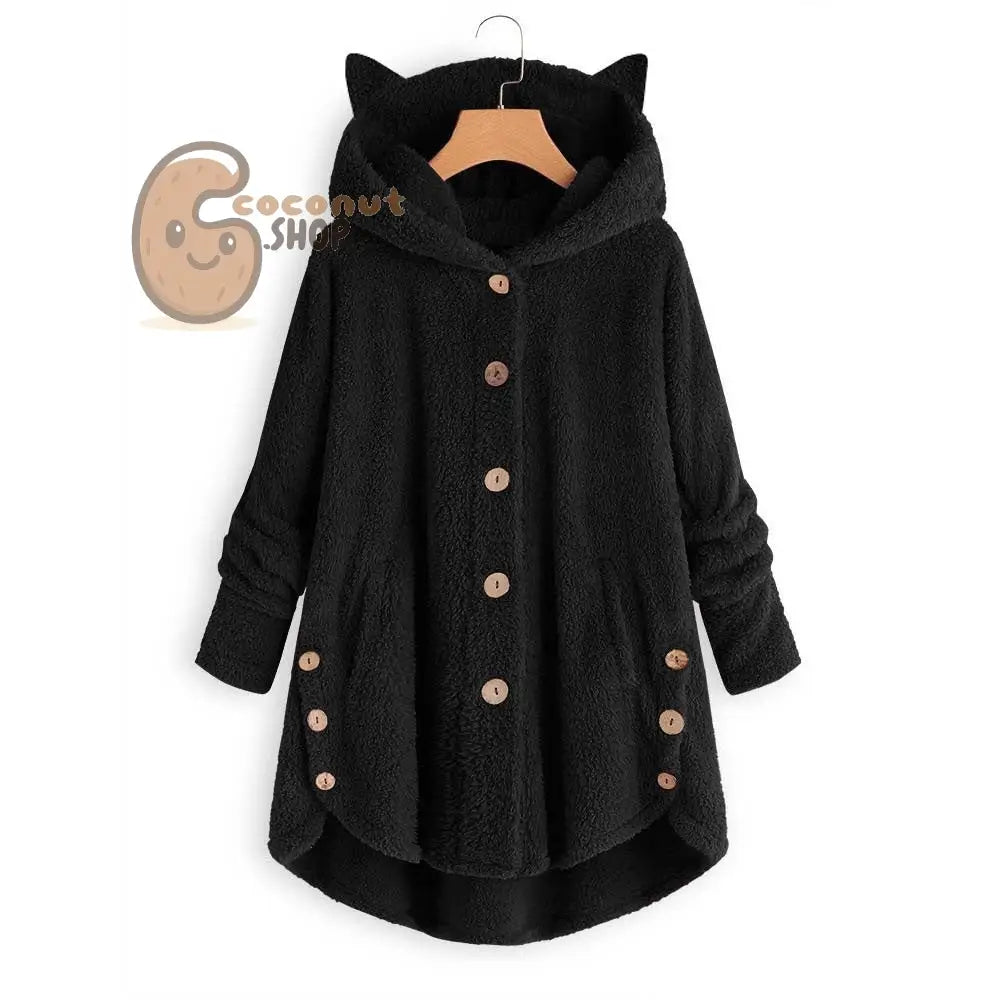 Cute Cat Ear Plush Coat - Black / M