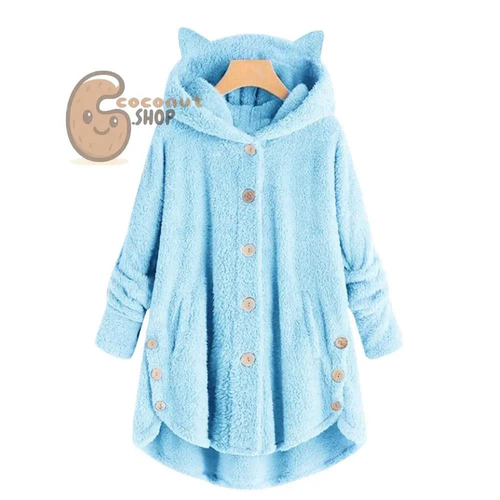 Cute Cat Ear Plush Coat - Blue / M