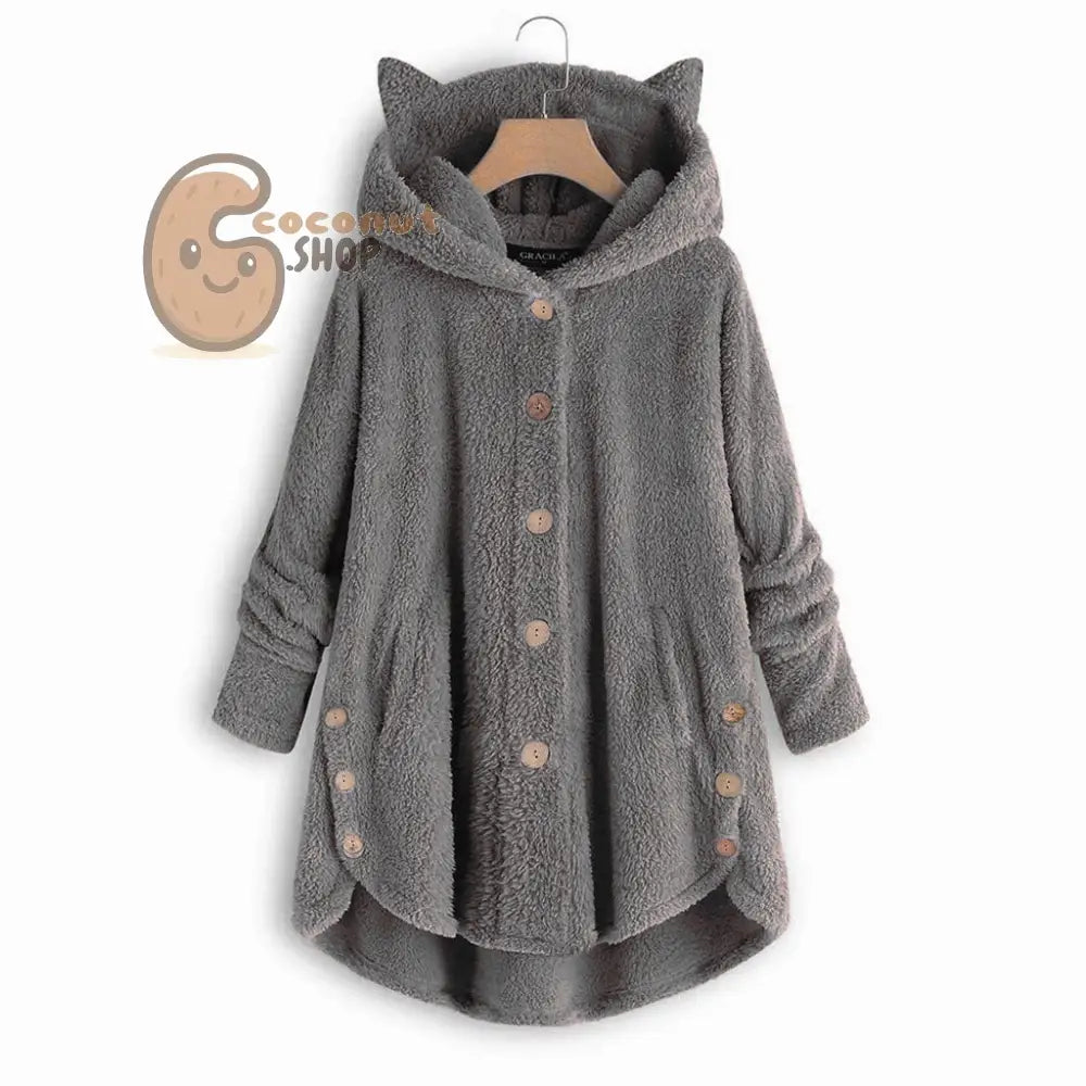 Cute Cat Ear Plush Coat - Dark Grey / M