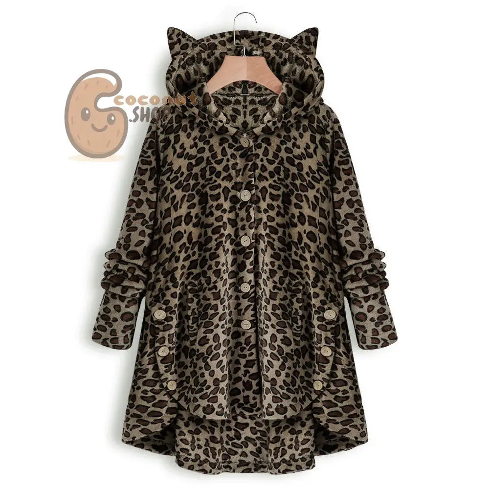 Cute Cat Ear Plush Coat - Deep Leopard Print / M