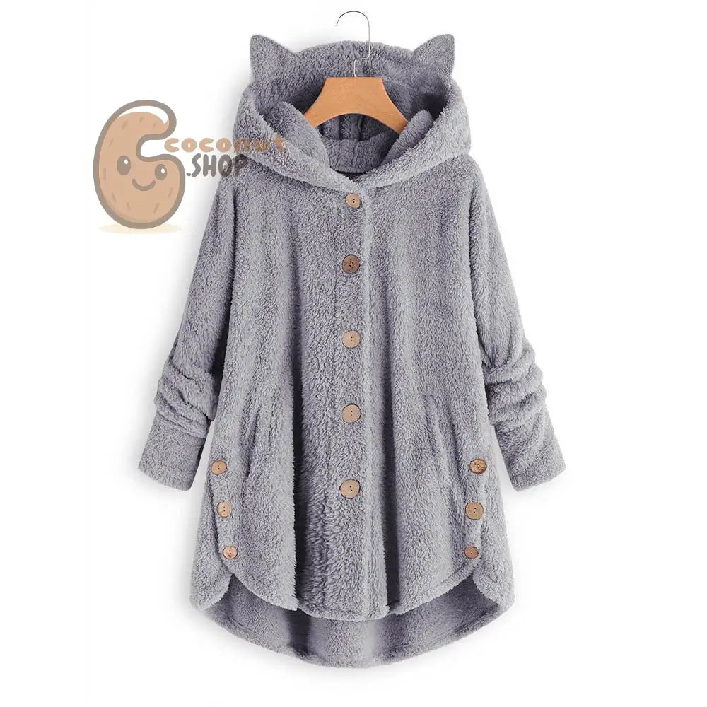 Cute Cat Ear Plush Coat - Light Gray / M