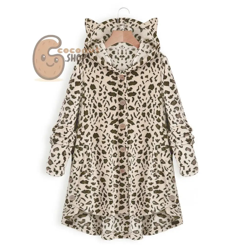 Cute Cat Ear Plush Coat - Light Leopard Print / M